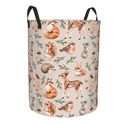 Gbuzozie 38L Round Laundry Hamper Forest Little Animals Storage Basket Waterproof Coating Deer Squirrel Fox Hedgehog Bird Organizer Bin For Nursery Clothes Toys #TOP1
