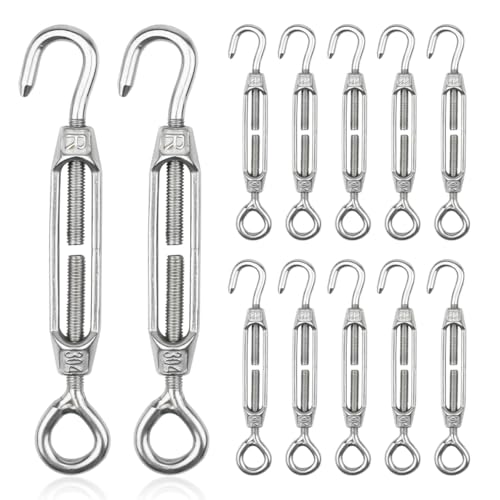 12 Pcs Tensores de Alambre de Acero Inoxidable, M4 Tensor de Cable, Gancho y Ojo Tensor de Alambre, Tensión Cuerda Ajustable para Alambre de Jardín, Luz de Cuerda DIY, Tensar Toldos, Tendederos