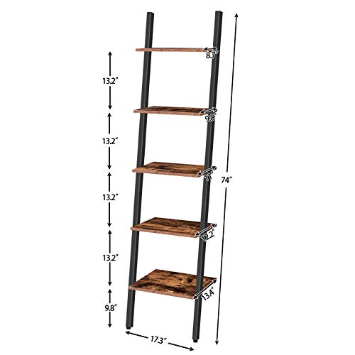 HOOBRO Ladder Shelf, 5-Tier Narrow Bookshelf Leaning-Against-Wall, Stable Plant Flower Stand, Sloping Bookcase, Multipurpose Accent Storage Rack for Living Room, Kitchen, Office, Rustic Brown BF71CJ01