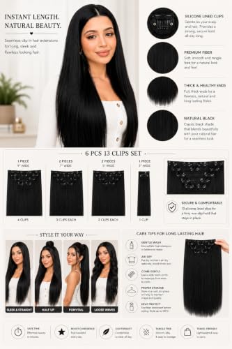 Image of Salon-Grade Clip-in Hair Extensions for Women, Imported Synthetic Hair, 6 PCS with 13 Secure Clips, Instant Volume, Natural Blend, Reusable Hair Volumizer (Black, Straight)