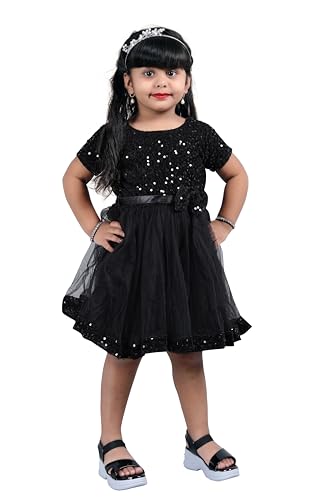 Image of Charming Girls' Kids Velvet & Net Frock with Knee-Length Short Sleeve A-line Round Neck Fit and Flare and Back Zipper Closure|Kids Dress for Baby Girls Birthday Outfit