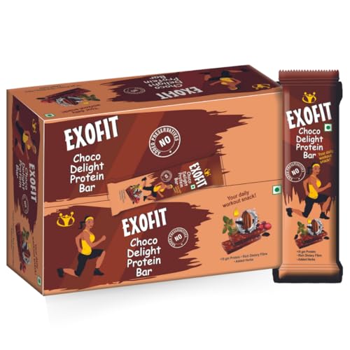 Image of Exofit Choco Delight Protein Bar - 35g x 4 Bar (140g Total) | High Protein Blend, Low Calorie,High Fiber, No Preservatives & Sugar| Healthy Protein Snack for Gym & Weight Management
