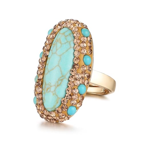 La mejor selección de Anillos de Turquesa del mes. 41 HZMAN - Anillo de turquesa para mujer: Circonita cúbica antigua, bohemio, ovalada, piedra turquesa, regalo de joyería
