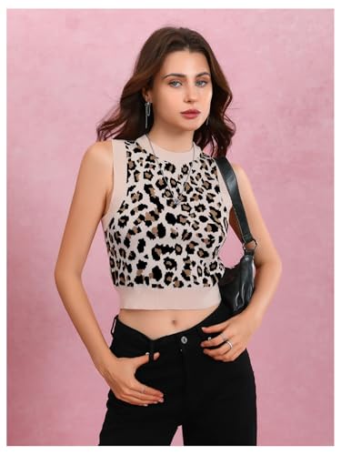 Women's Leopard Sweater Vest Round Neck Sleeveless Knitted Cheetah Pullover Top4
