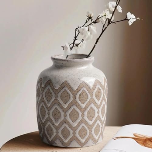 Boho Ceramic Vase, 6 Inch Rustic Farmhouse Pastoral Decor, Vintage Clay Vases for Bouquets, Pampas Grass and Fake Plants, Suitable for Home Decor, Shelf, Dining Table, Living Room, Mantle, Bathroom