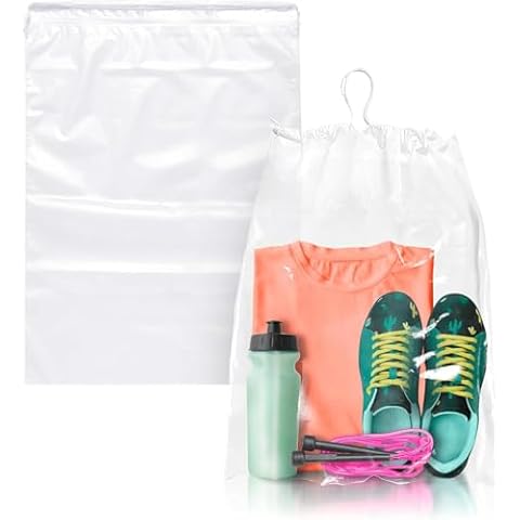 APQ Supply Clear Drawstring Travel Bags for Shoes, 10 x 14 Inches. Pack of 50 Waterproof Dust Bags for Shoes with Double Cotton Drawstrings. 2 mil PE Plastic Drawstring Bags for Packing, Storage Cover