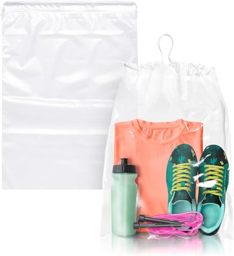 APQ Supply Clear Drawstring Travel Bag for Shoes, 12 x 16 Inches. Pack of 100 Waterproof Dust Bags for Shoes with Double Cotton Drawstrings. 2 mil PE Plastic Drawstring Bags for Packing, Storage