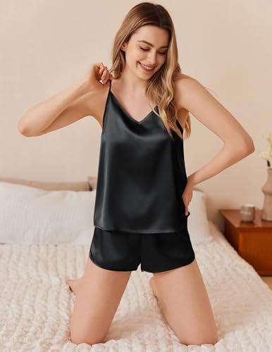 Ekouaer Silk Pajamas Set for Women Satin Camisole Sleepwear Lingerie V-Neck Cami Top and Shorts Pjs4
