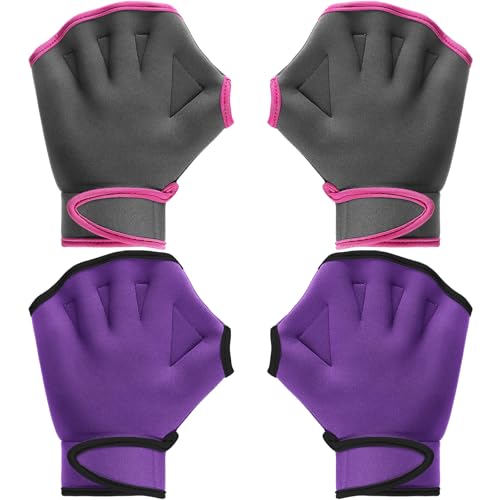 Sumind 2 Pairs Swimming Gloves Aquatic Training Gloves Neoprene Mittens Webbed Fitness Water Resistance Training Mittens for Swimming Diving with Wrist Strap(Medium,Gray/ Rose Red, Purple/ Black)
