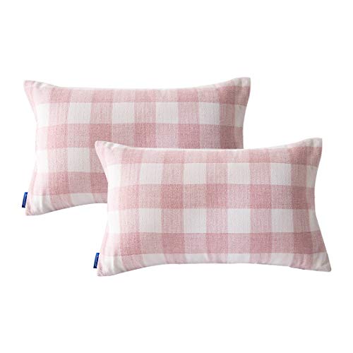 JES&MEDIS Oblong Cotton Pillowcases Cushion Covers with Checkered Pattern Throw Pillow Covers, 12 x 20 inch, Pink, Set of 2, No Pillow Insert