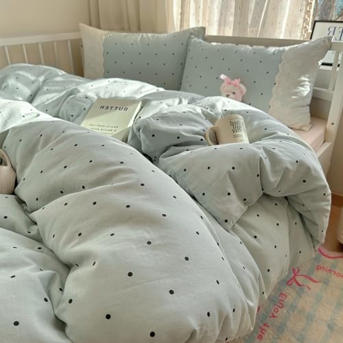 Image of VM VOUGEMARKET Sage Green Bedding Set Twin 3 Pieces Black Dots Duvet Cover Set with Lace Edge-Soft Microfiber Princess Style Comforter Cover for Teen Girls-68x86 Inch
