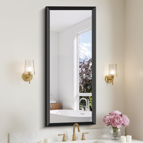Image of DESBING 20x48 inch Black Bathroom Mirror,Bevelled Edge Black Mirror with Ribbed Texture-Modern Rectangle Bathroom Wall Mirror for Vanity, Tempered Glass, Hangs Horizontally or Vertically