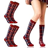 SAIIURV 2 Pares Colores Calcetines Hasta la Rodilla de Rayas para Mujer Niñas, Algodón Calcetines de Cuadros Rojos Altos Largos Medias Tartan Casual Hasta la Rodilla para Fiesta Festivales (Rojo)