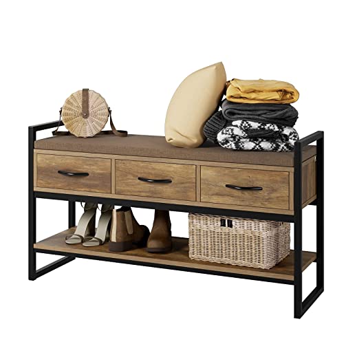 Urkno Shoe Bench Rack With Removable Cushion, 2 Tier Shoe Bench With 3 Fabric Drawer, Ideal For Entryway, For Entryway, Bedroom, Living Room, Hallway, Holds Up To 350 Lbs, Rustic Brown #TOP8