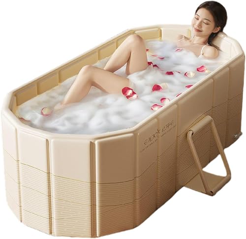 Image of Adult Foldable Bathtub for Adults, Extra-Large Collapsible Soaking Tub with Temp Meter, Drain Pipe & Cushion, Portable Hot Cold Water Bath Tub for Home Spa (Beige)