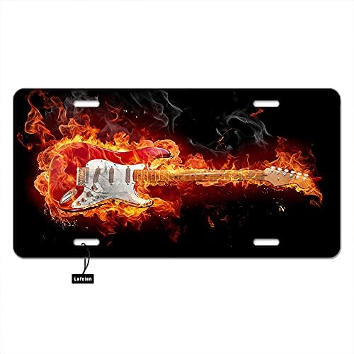 Lefolen Front License Plate Covers Fire Rock Guitar,Magic Red Flames Burning Music Equipment Jazz Melody Auto Car Tag Vanity Plates Aluminum Novelty Metal Plate for Men Woman 6" X 12"