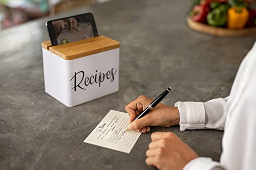 Recipe Box With Cards And Dividers - White Metal Body, Wooden Lid With Phone Holder And Recipe Card Holder - Includes Set Of 150 High Quality 4X6 Index Cards And 15 Cute Dividers #TOP3