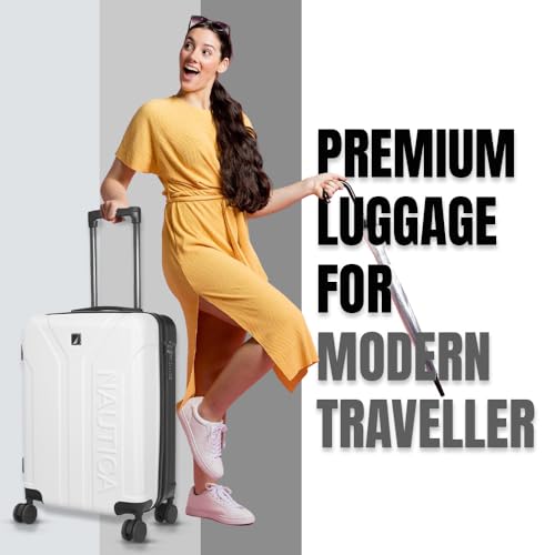 Image of Nautica 20 inch ABS Hard-Sided Unisex Cabin Luggage Trolley | 8-Wheel Spinner, Telescopic Handle | Durable, Secure Combination Lock | Modern Design Travel Suitcase for Men & Women | White & Black