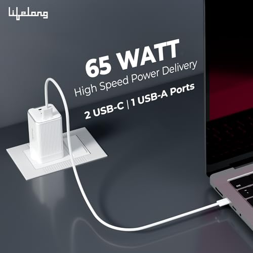 Image of Lifelong Electronics 65W Super Fast GaN Charger PD Technology | 1 USB A + 2 Type C Ports | iPhone 17 /16 /15 /14 (Including Pro Max), Android, Samsung | Laptops - MacBook, Dell, HP, Lenovo, Acer, ASUS