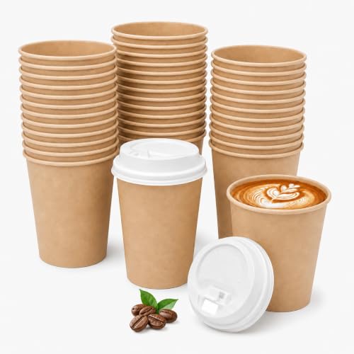 Vasos Café Desechables con tapa Take Away, Vasos Cartón, Uso en Catering, oficina, eventos, Vasos color kraft, Apto para bebidas calientes y frias, Capacidad 200 cc, Color Kraft, Pack 50 Unidades