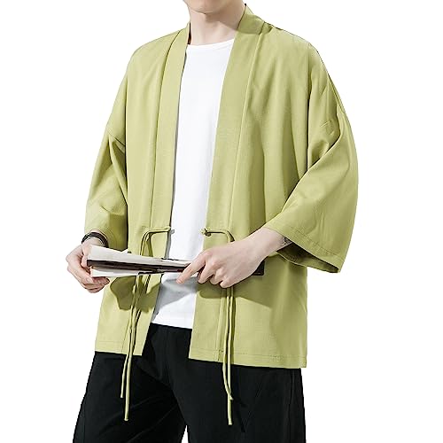 Image of Mens Kimono Cardigan Cotton Linen Japanese Shirt 3 /4 Sleeve Haori Yukata | Skin-Friendly Solid Color Lightweight Shawl Collar Kimono Robe Embroidery Button Tie Pockets Happi Coat All Season Daily Wear