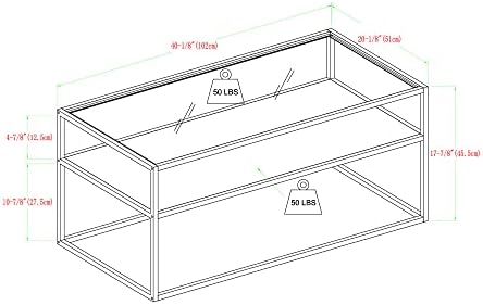 URBNLIVING Large Industrial Coffee Table With Metal Frame Rectangle Storage Shelf End Side Table Living Room Glass Table Top 102x51x46cm