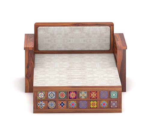 Image of Solid Wood Sofa Cum Bed with Decorative Tile Design | Modern Pull-Out Wooden Diwan Bed with Cushioned Seating | Convertible 2 Seater Sofa Bed for Living Room (Honey Finish)