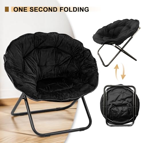 Folding Saucer Chair, Lazy Moon Chair with Metal Frame, Comfy Chairs for Bedroom, Living Room, Reading, Adults (Black, Pack of 1)