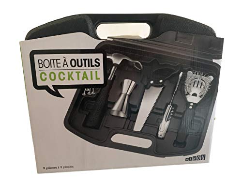 Wahou 37-2Q-003 Coffret Cocktail Boîte à outils Set de 9 ustensiles de bar Noir et gris inox Métal et PVC H6 x 28 x 32,5 cm Cover