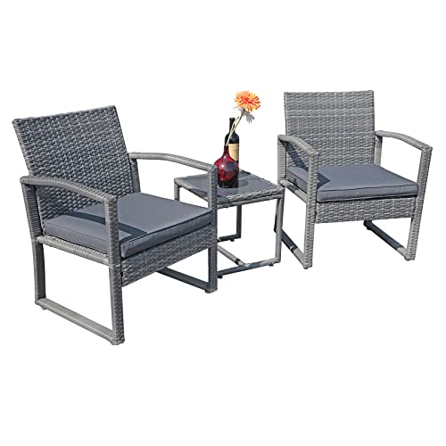 Patiorama 3 Piece Outdoor Patio Furniture Conversation Set, Rattan Chair Set With Coffee Table, For Garden, Balcony, Backyard, Poolside (Dark Grey)