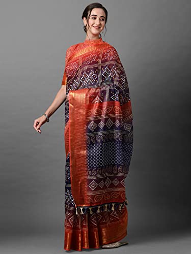 Image of AKHILAM Bandhani Print Linen Saree With Unstitched Blouse Piece for Women (SONPR1 Parent)