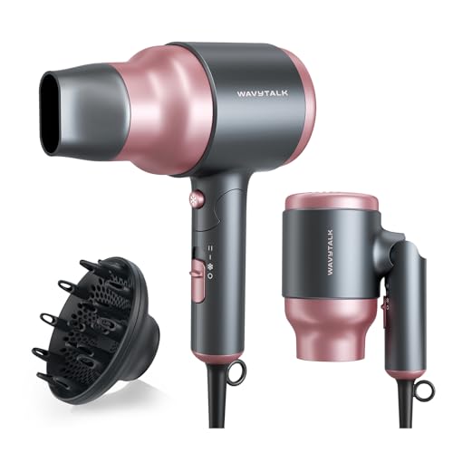 Wavytalk Portable Hair Dryer with Diffuser, Foldable Mini Hair Dryer with Lightweight Design, 1600W Small Hair Blow Dryer with Diffuser for Curly Hair Fast Drying, Rose Pink