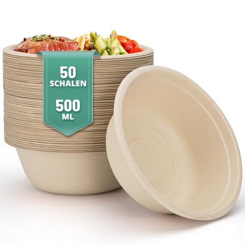 HOMELYN 50 Suppenschalen 500ml I Einweg aus Zuckerrohr I Biologisch abbaubar & kompostierbar I Mikrowellen- & Gefriergeeignet I Tiefe Pappschüsseln für Suppe I Suppenteller Pappe einweg