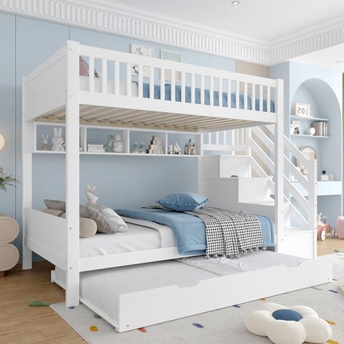 BXEYXE Litera (sin colchón), cama infantil, con cama nido, con estantería, con armario, con compartimento de almacenamiento, 90 x 200 cm, color blanco