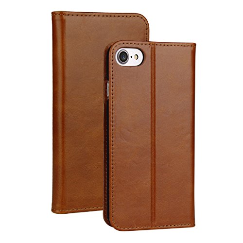 valkit for iPhone 7 Cases, iPhone 7 Wallet Case, Premium Genuine Leather Wallet Flip Folio Protective Stand Case Cover for iPhone 7 4.7 Inch with Magenet Closure and Credit Card Holder, Brown Color