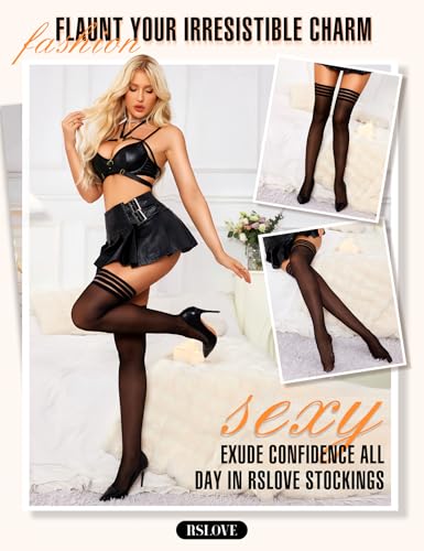 RSLOVE Thigh High Stockings for Women - Stripe Top with Anti-Slip Silicone Stay Up Sheer Pantyhose for Women
