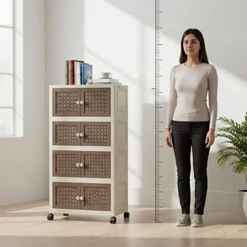 Image of House of Quirk Rattan Design Foldable Storage Box with Wheels, Stackable Storage Bins with Lid, Multi-Purpose Organizer, Space-Saving Storage Cabinet for Home (Cream /Brown, 4 Layer)