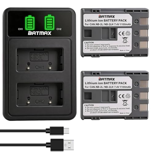 Image of Batmax 2Pcs NB-2L NB-2LH Battery + Built-in USB LED Charger for Canon PowerShot G7 G9 S80 S70 S60 S50 S45 S40 S30, Canon DC410 DC420 EOS 350D 400D Digital Rebel XT XTi, VIXIA HF R10