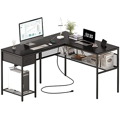 SUPERJARE L Shaped Desk with Power Outlets, Computer Desk with Drawer