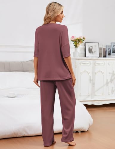 Image of JiniGolla Womens Pajama Sets Waffle Knit Short Sleeve Shirt with Long Pajama Pants Soft Sleepwear Pj Lounge Sets