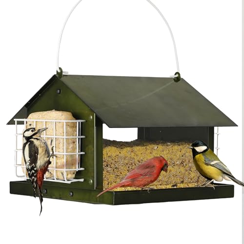 Solution4Patio Bird Feeders for Outdoors Hanging, All Metal, Double Suet Cake and Large Capacity, Hopper Tray & Weatherproof for Finch, Cardinal & Chickadee (Green)