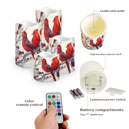 Image of Glass Cardinal Electric Flameless Candles Set of 4 | Xmas Battery Operated Candles with Remote Control, Electric Pillar Candles for Holiday Party, Living Room Decorations