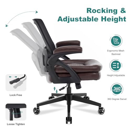 Image of Big and Tall Office Chair, 500lbs Mesh Heavy Duty Ergonomic Desk Chair with Flip-up Armrests, Plus Size Wide Seat in PU Leather, 360 Swivel Computer Executive Task Chair for Home Office (Brown)