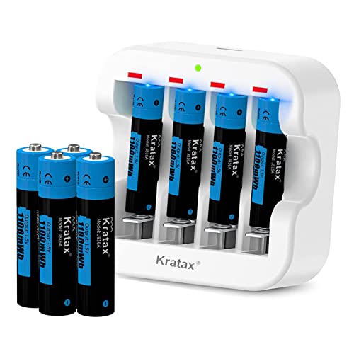 Kratax Rechargeable AAA Lithium 1.5V Batteries-Full Recharged 8-Pack with 1H Fast Charger for Household Office Device,1100mWh High-Capacity Long-Lasting,1600Cycles,Constant Output(8AAA+1Charger)