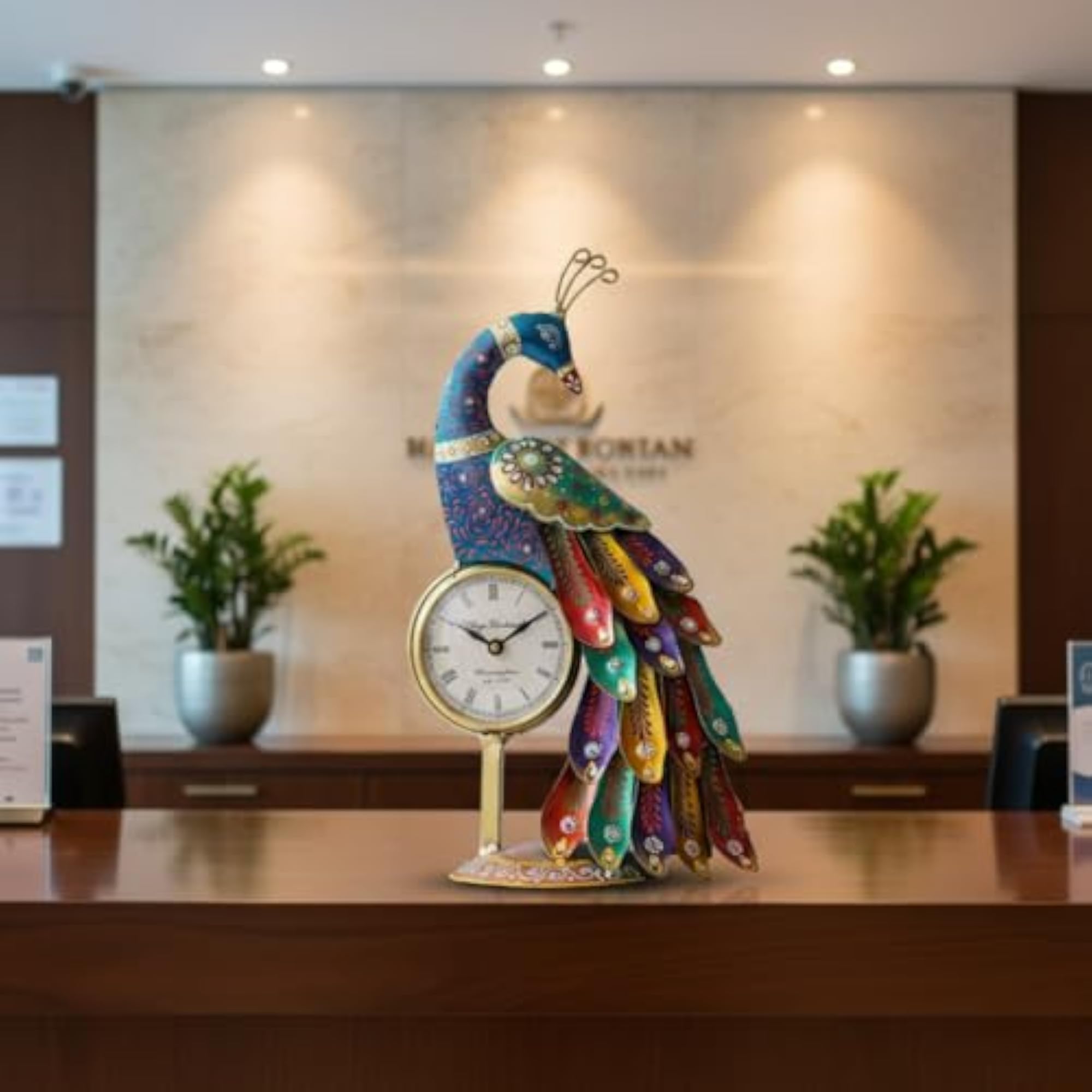 Metal Peacock Showpiece with Table Clock