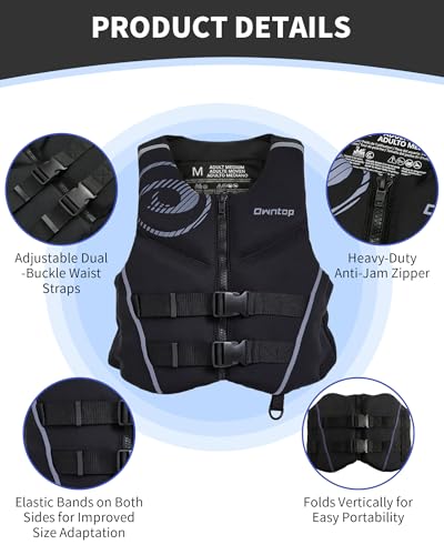 Owntop Schwimmweste für Erwachsene | Leichte Neopren-Auftriebsweste | Faltbare Schwimmhilfe mit Doppel-Sicherheitsgurten | Schwimmjacke für Bootssport, Kajakfahren, Angeln, Paddeln (Grau,M)