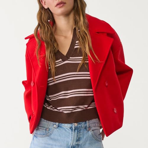 Cropped Trench Coat Women Double Breast Wool Jacket Long Sleeve Notched Lapel Neck Overcoat Cardigan Coat with Pocket3