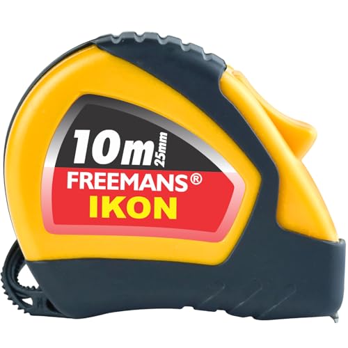 FREEMANS IKON 10m:25mm Steel Inchi Measuring Tape -10m (Yellow & Black) With Unbreakable ABS case || Soft Grip Bi-material Case || Auto-lock and Belt Clip (Pack of 1)