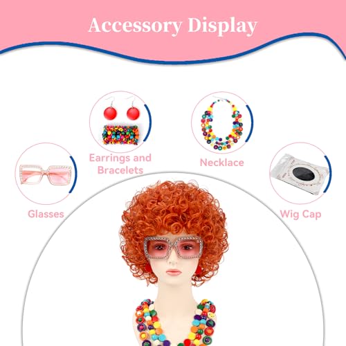 Image of Women Roper Curly Orange Red Cosplay Wig with Necklace Earrings and Sunglasses for Women Hallween Costume Wig