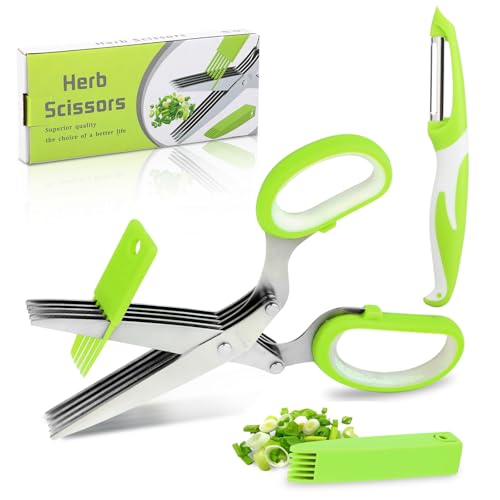 Tijeras para Hierbas – Tijeras de cocina de acero inoxidable con 5 cuchillas – Tijeras de hierbas verdes – con un pelador – Ideal para cortar cebollino, chile y hierbas – imprescindible en la cocina